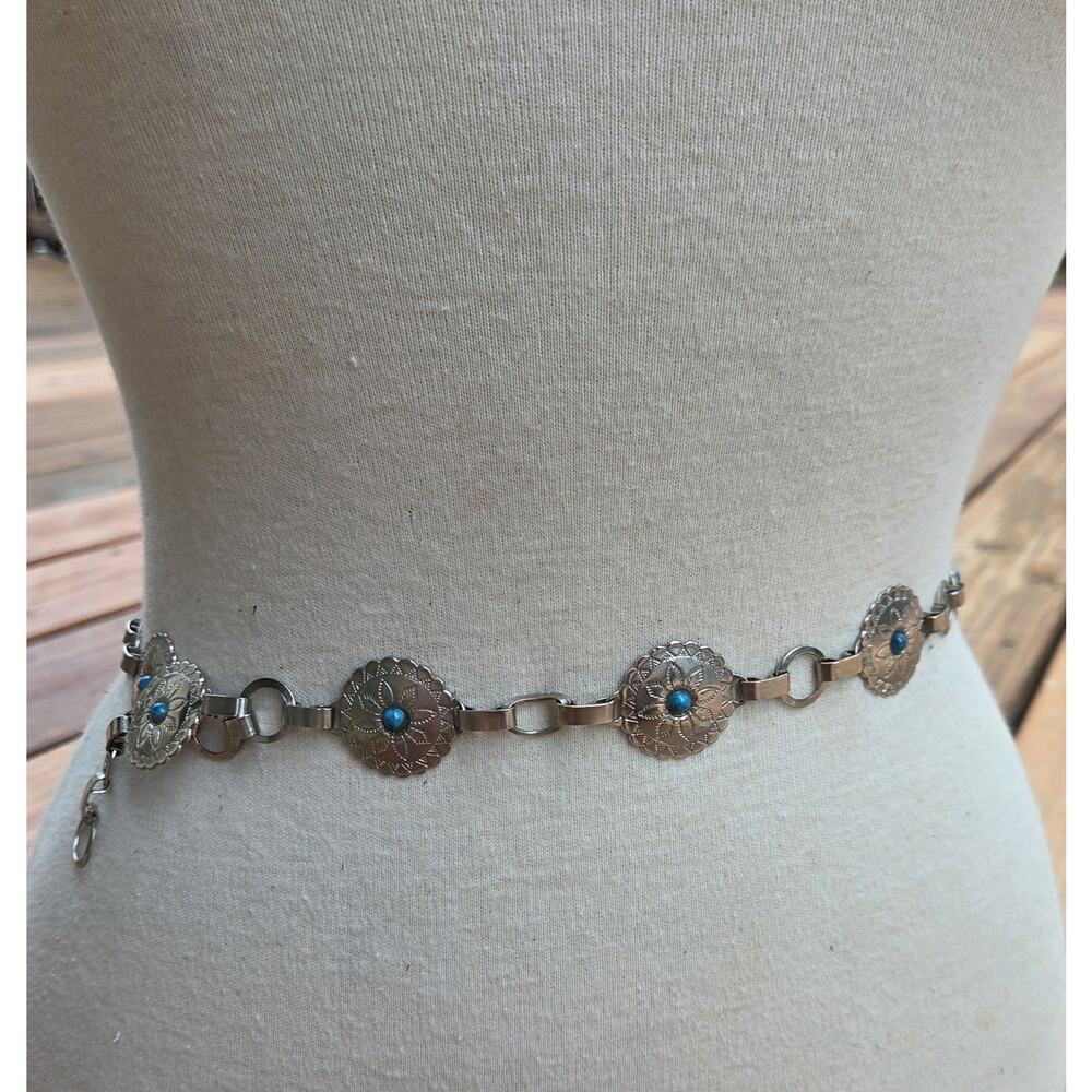 Vintage Silver Tone Floral Concho Chain Belt | Turquoise Western Boho Small - Picture 6 of 6